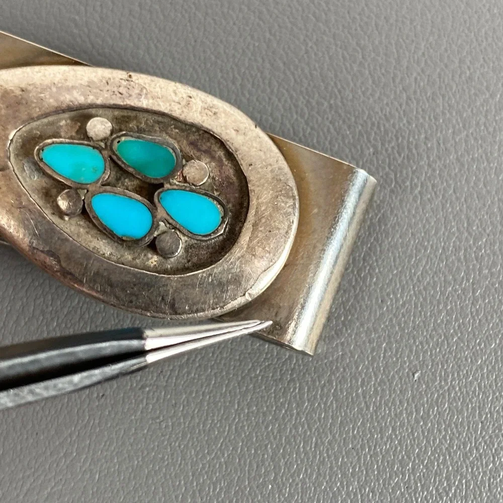 Vintage Southwestern Native Style Sterling Silver Turquoise Inlay Money Clip